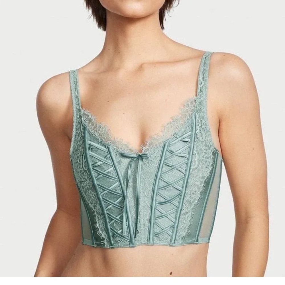 Victoria Secret Unlined Lace Up Corset Top Bustier Sheer Sage Green